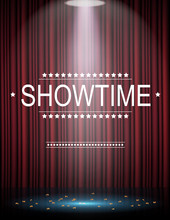 Showtime Background With Curtain Illuminated By Spotlights