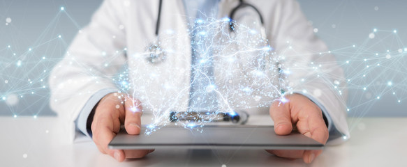 Poster - Doctor holding digital brain interface 3D rendering