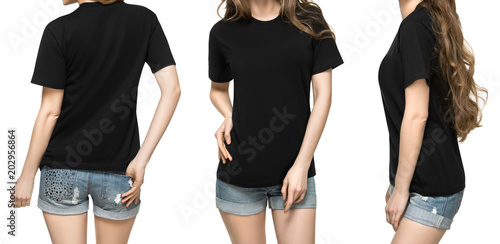 Set promo pose girl in blank black tshirt mockup design ...