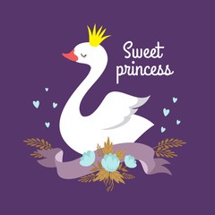 Canvas Print - Cute cartoon white baby swan princess vector graphics for poster or girl t-shirt