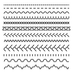 Stitched seamless borders, sewing machine seams for fabric structure vector set isolated