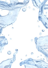  Fresh pure blue water splash. Clean transparent water, liquid fluid wave in translucent splashes form isolated on white background. Healthy drink splash advertising design element. 3D illustration