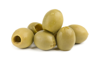 Pitted and marinated green olives, isolated on white background.