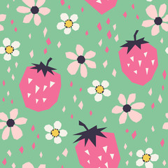 Fototapete - seamless pattern with strawberries and flowers