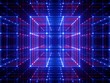 3d render, glowing lines, neon lights, abstract psychedelic background, cube cage, ultraviolet, blue, spectrum vibrant colors, laser show