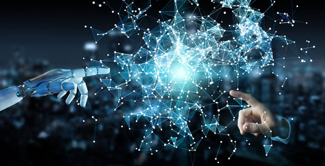 Fototapete - White humanoid hand using digital globe hud interface 3D rendering