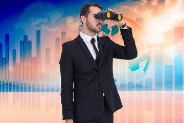 Sticker - Businessman holding a briefcase while using binoculars  against desert landscape