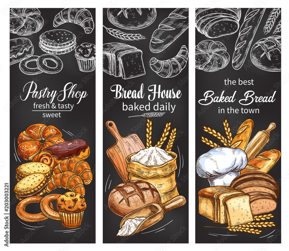 Bakery and pastry shop banner with bread and bun Stock Vector | Adobe Stock