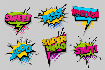 Wall Mural - sweet woo shit super hero pop set hand drawn pictures effects template comics speech bubble halftone