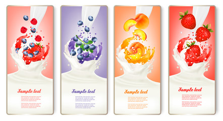 Wall Mural - Set of banners with berries and fruit falling into milk and juice splashes. Vector.