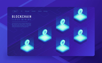 Wall Mural - isometric cloud mining landing page concept. bitcoin ethereum ripple litecoin dash monero coins in c