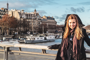 Poster - Girl near Seine River in Paris, France