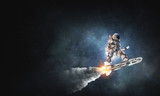 Fototapeta Kosmos - Spaceman on flying board. Mixed media