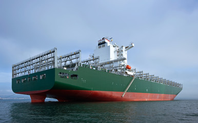 Container ship standing on the roads at anchor.