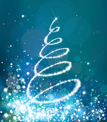 Wall Mural - vector glitter christmas tree spiral shape on blue sparkling background. christmas tree greeting car