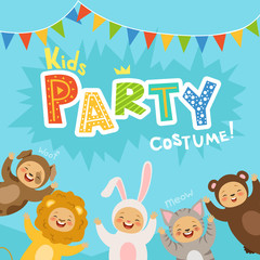 Wall Mural - Kids party invitation with illustrations of happy childrens in carnival costumes of animals