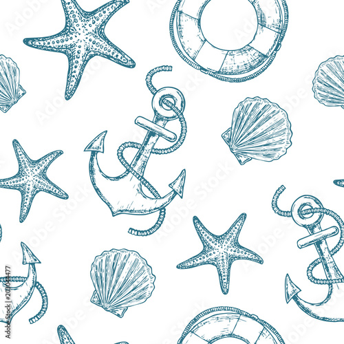 Papel de parede Marine seamless pattern with seashell, starfish and anchor