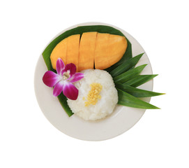 Wall Mural - mango and sticky rice in dish isolated on white background.