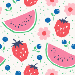 Fototapete - seamless pattern with strawberries, watermelons, blueberries and flowers