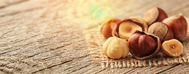 Hazelnuts on wooden table