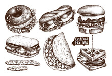 Street Food Festival Menu. Vintage Sketch Collection. Fast Food Set. Engraved Style Design. Vector Drink Drawing. 
