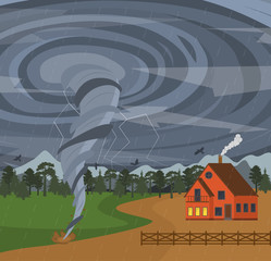 Wall Mural - Cartoon House and Tornado Card Poster. Vector