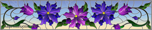Dekoracja na wymiar  ilustracja-w-stylu-witrazu-z-kwiatami-liscmi-i-pakami-fioletowych-kwiatow-na-niebie
