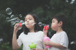 © lalalululala - Cute asian children is blowing a soap bubbles,outdoors