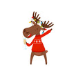 Joyful Eurasian elk holding glass of champagne. Moose celebrating Christmas and New Year. Animal in holiday sweater and garland on horns. Flat vector design
