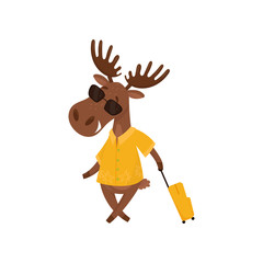 Wall Mural - cheerful elk with suitcase going on vacation. humanized moose in sunglasses and yellow shirt. flat v