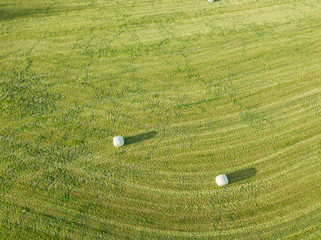 Sticker - Aerial view of hay bales in evening sunlight with warm colors in Switzerland