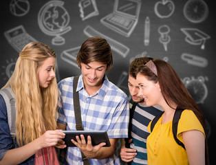 Poster - Students using digital tablet at college corridor against black background