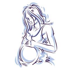  Attractive pregnant woman body silhouette drawing. Vector illustration of mother-to-be fondles her belly. Happiness and caress concept.