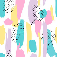Vector Seamless Pattern With Brush Painted Strokes And Dots Isolated On White Background.