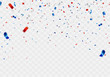 © HNKz - Celebration background template with confetti and red and blue ribbons.