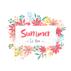  Summer is here. Beautiful banner with flowers elements. Vector illustration template.