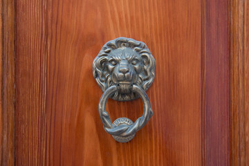 Lion head ring knocker on a wooden door.