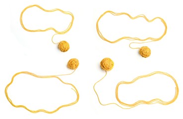 Wall Mural - set of clouds made of yellow threads and thread balls isolated on white background. cotton thread ba