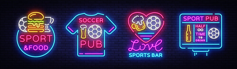 Wall Mural - Sports bar collection logos neon vector. Sports pub set neon signs, Football and Soccer concepts, night bright signboard for sports pub bar, fan club, dining room, soccer cup, football online. Vector