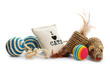 Cat toys and accessories on white background. Pet care
