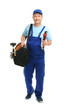 © New Africa - Mature plumber with pipe wrench and tool bag on white background