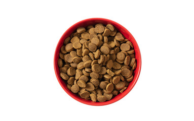 Canvas Print - Dogs or cats dry food in a red bowl isolated on white background, top view