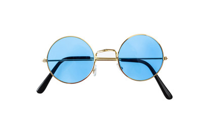 Golden frame sunglasses with blue lens isolated on white background, top view