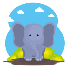 Sticker - cute elephant in the field landscape character vector illustration design