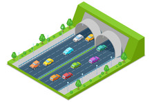 Highway Road Passes Through Tunnel In Mountain, Vector Isometric 3D Illustration. Transport, Road Construction Concept