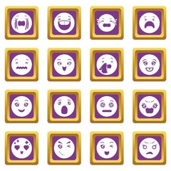 Sticker - Smiles icons set vector purple square isolated on white background 