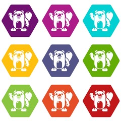 Wall Mural - Beaver icons 9 set coloful isolated on white for web