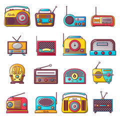 Poster - Radio music old device icons set. Cartoon illustration of 16 radio music old device vector icons for web