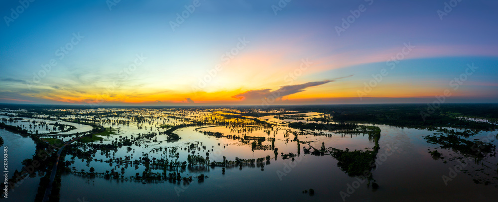 Over Rice Field Top view Aerial photo from flying drone over rice field in Thailand.Top ...