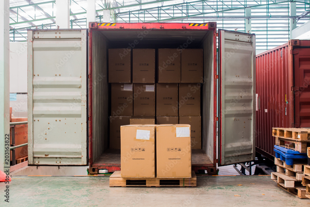 The cartons with loading out of container - obrazy, fototapety, plakaty 
